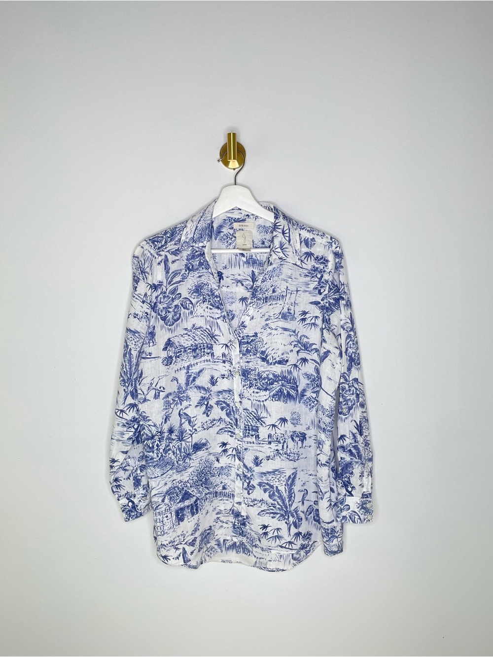 Resort | Joie Blue Toile Off White Linen Button Down | Relaxed Roll Tab Sleeve S - Picture 2 of 12